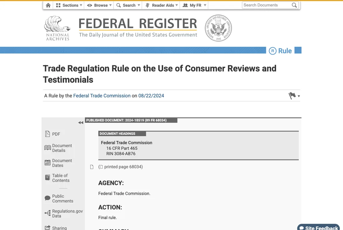 The Federal Trade Commission announcement of its final rule on fake and deceptive reviews and testimonials
