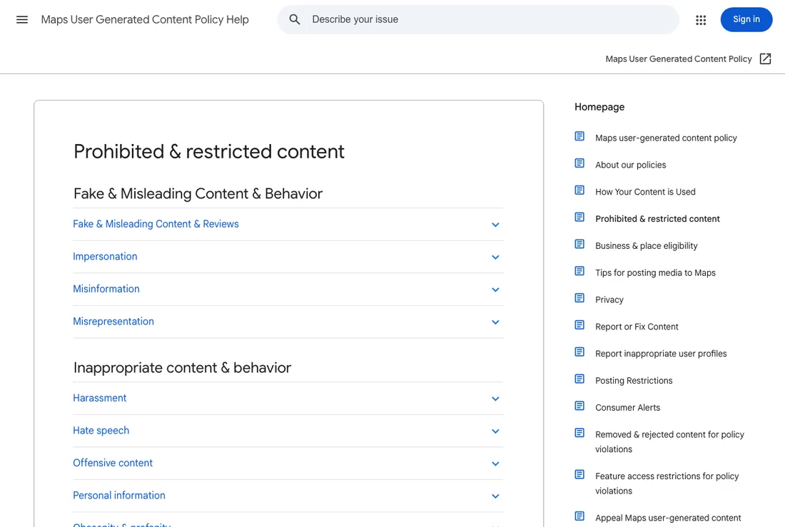 Google's prohibited and restricted content policy page for Maps user generated content