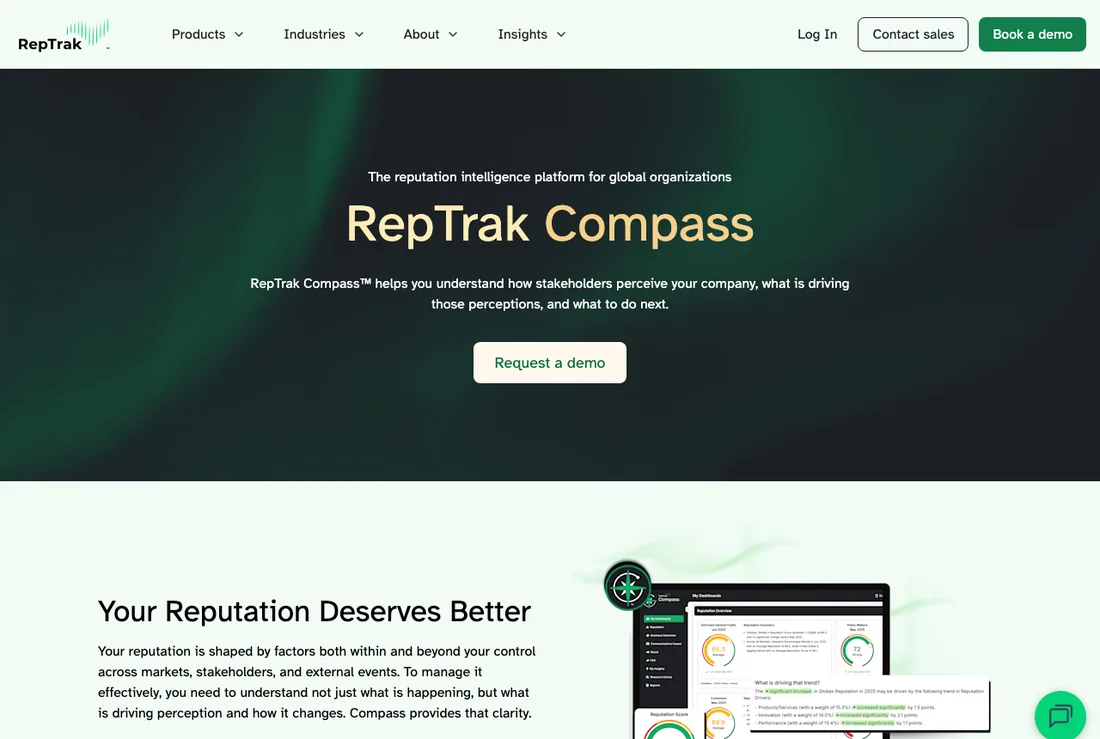 The RepTrak Compass product page, a commercial reputation measurement platform